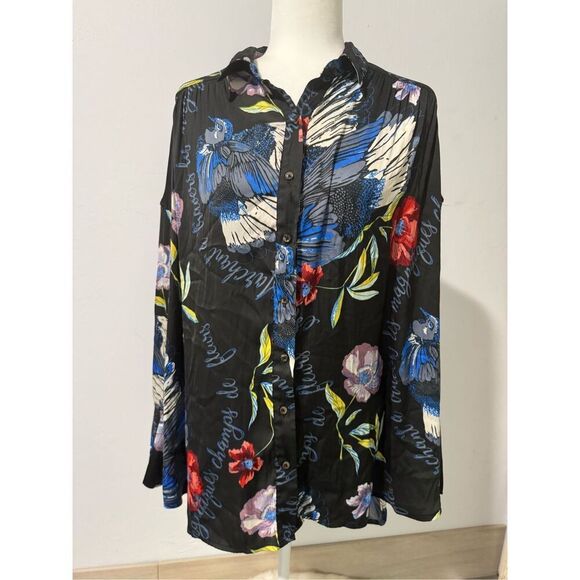 Free People black floral bird print long sleeve button front top SP - Picture 2 of 10